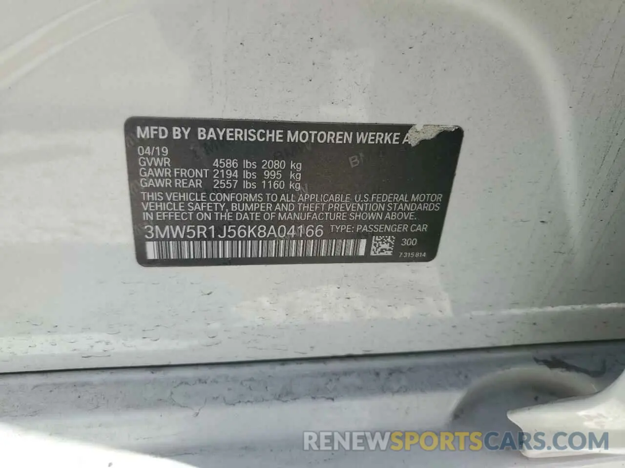 13 Photograph of a damaged car 3MW5R1J56K8A04166 BMW 3 SERIES 2019