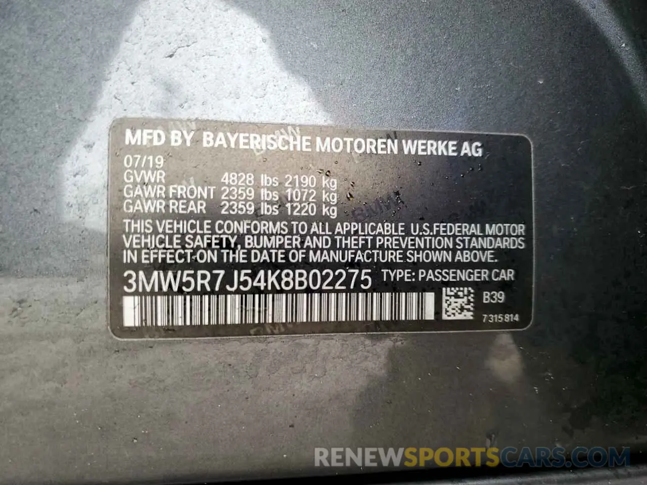 12 Photograph of a damaged car 3MW5R7J54K8B02275 BMW 3 SERIES 2019