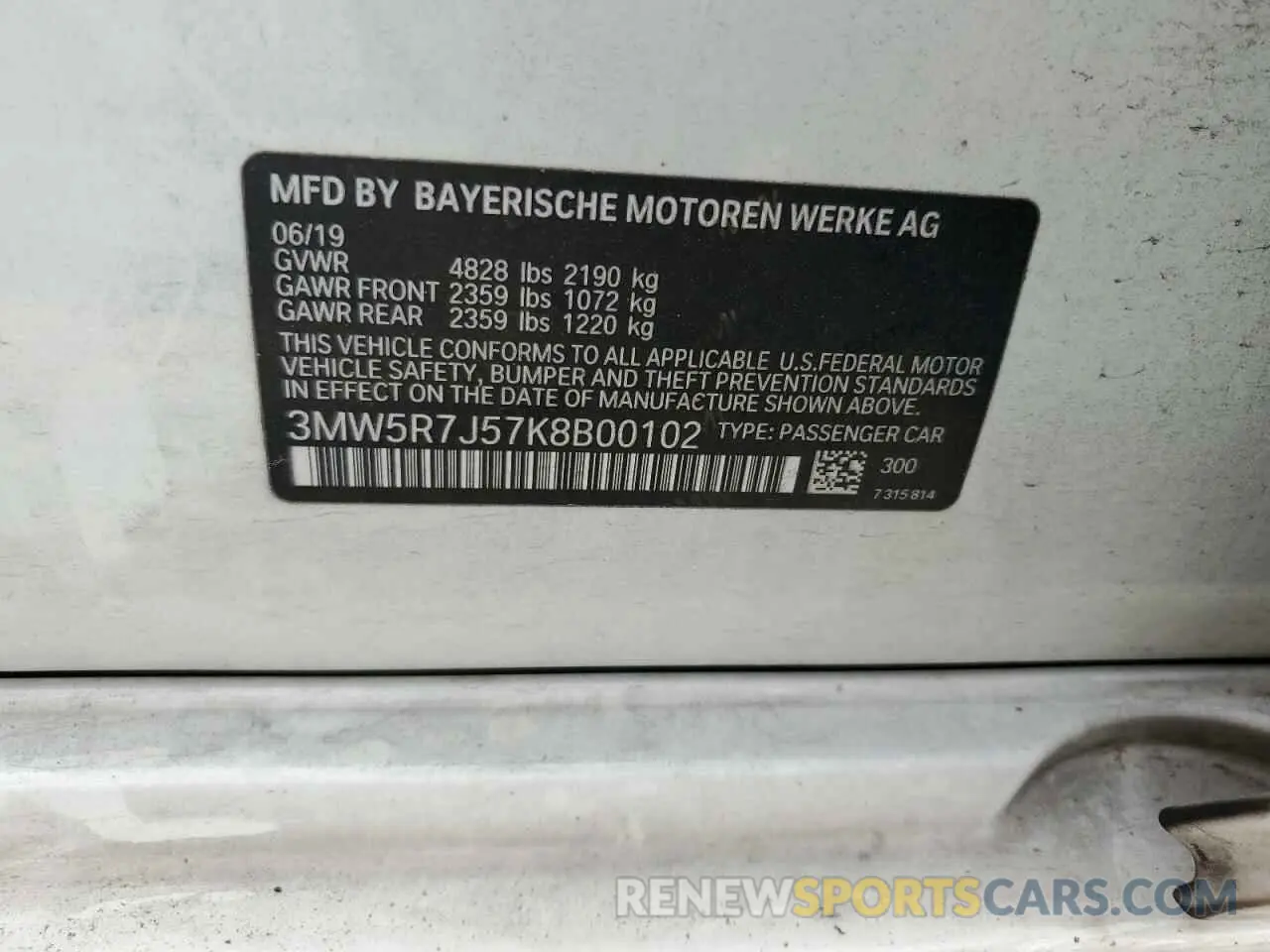 12 Photograph of a damaged car 3MW5R7J57K8B00102 BMW 3 SERIES 2019