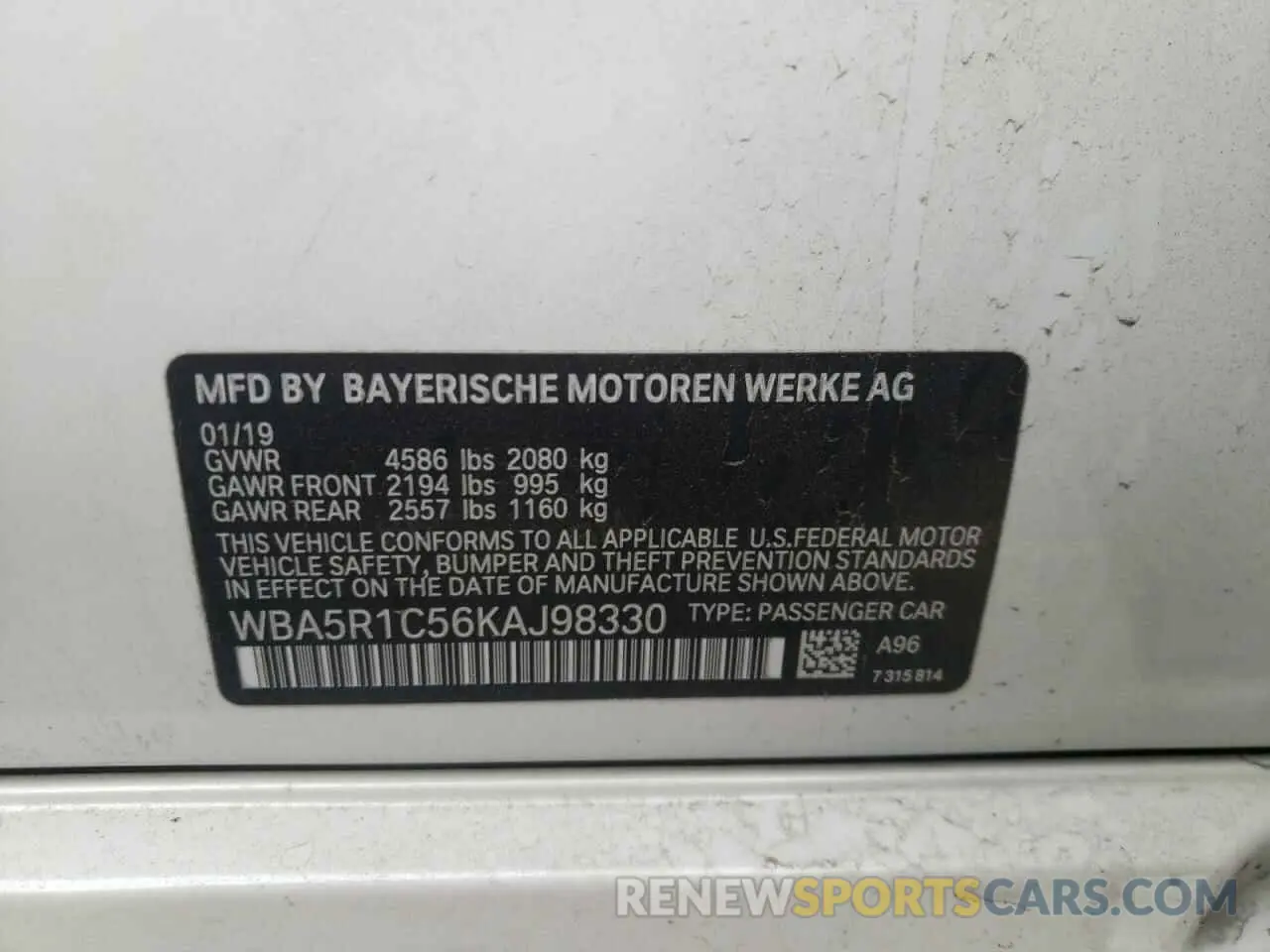 10 Фотография поврежденного автомобиля WBA5R1C56KAJ98330 BMW 3 SERIES 2019