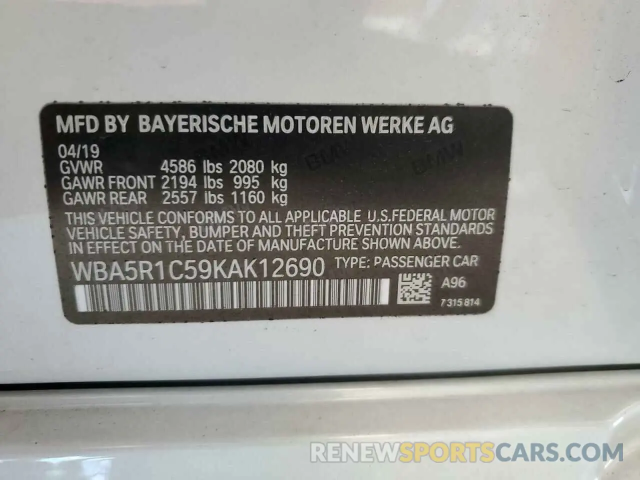 12 Photograph of a damaged car WBA5R1C59KAK12690 BMW 3 SERIES 2019