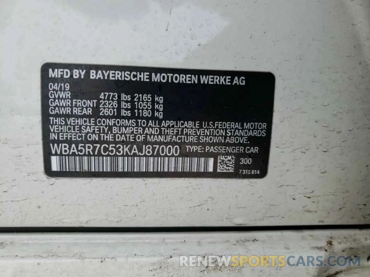 10 Photograph of a damaged car WBA5R7C53KAJ87000 BMW 3 SERIES 2019