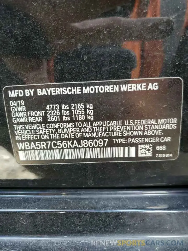 12 Photograph of a damaged car WBA5R7C56KAJ86097 BMW 3 SERIES 2019