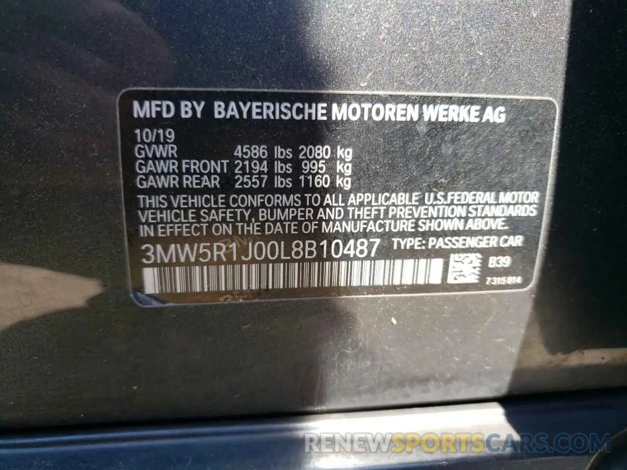 12 Фотография поврежденного автомобиля 3MW5R1J00L8B10487 BMW 3 SERIES 2020