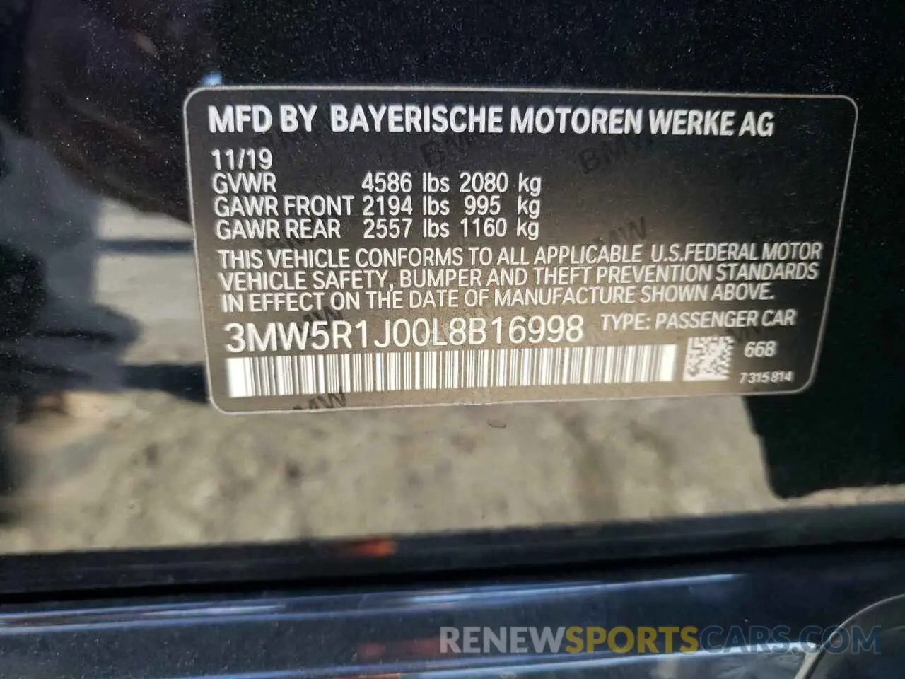 12 Фотография поврежденного автомобиля 3MW5R1J00L8B16998 BMW 3 SERIES 2020