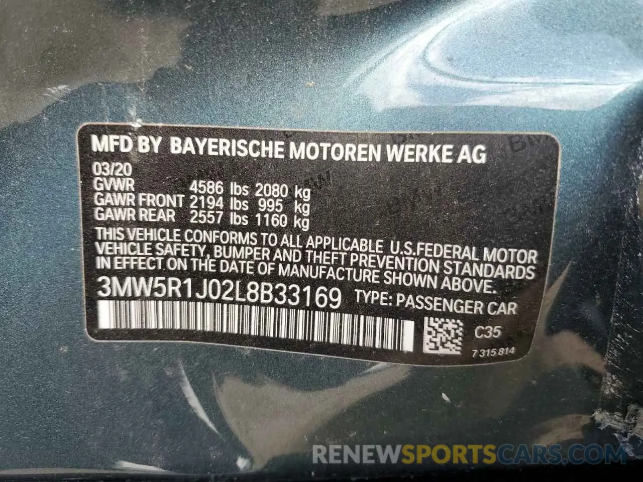 13 Photograph of a damaged car 3MW5R1J02L8B33169 BMW 3 SERIES 2020