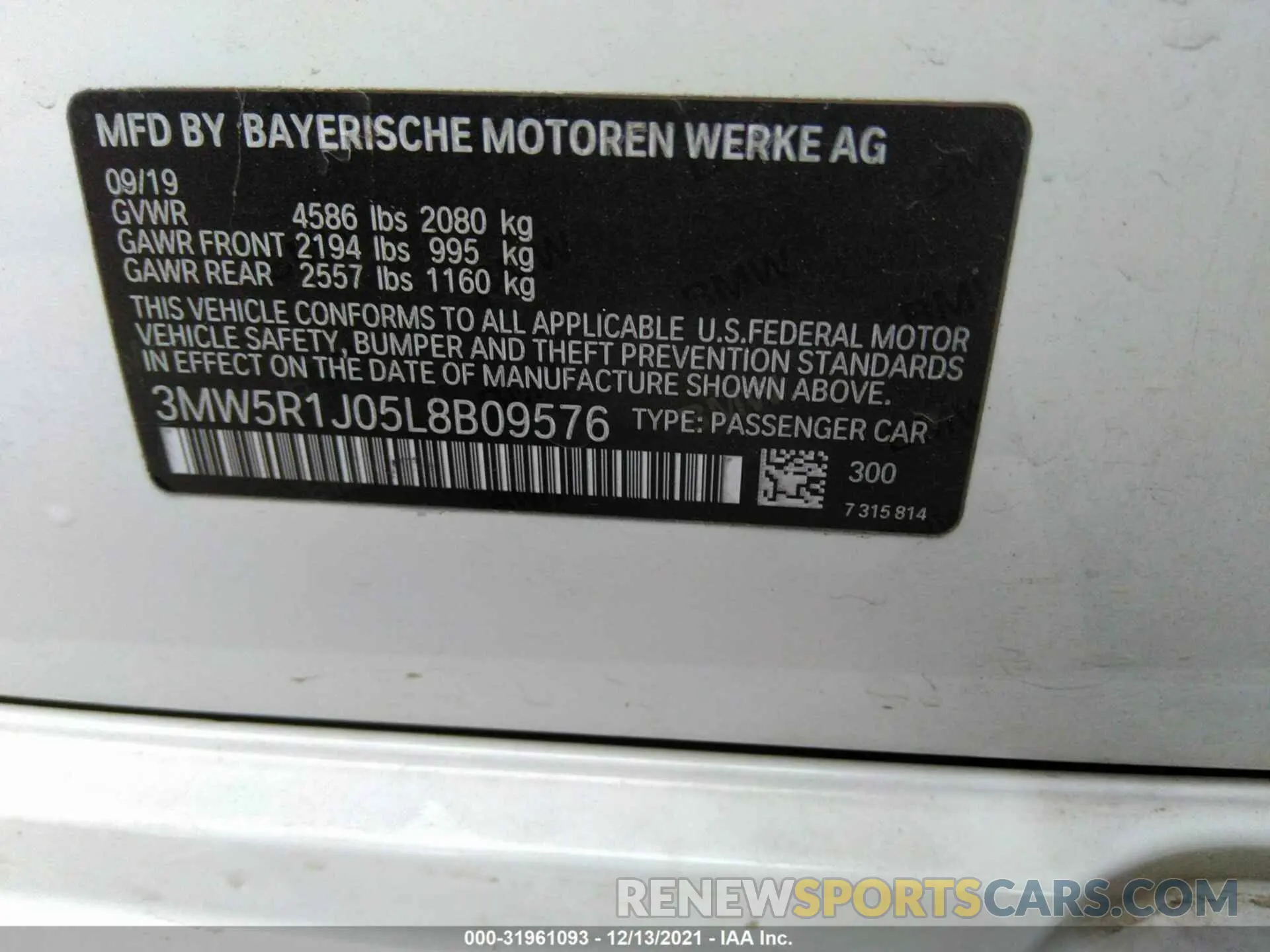 9 Фотография поврежденного автомобиля 3MW5R1J05L8B09576 BMW 3 SERIES 2020