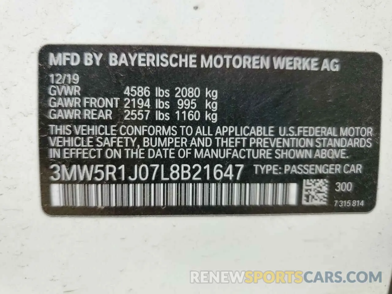 12 Photograph of a damaged car 3MW5R1J07L8B21647 BMW 3 SERIES 2020