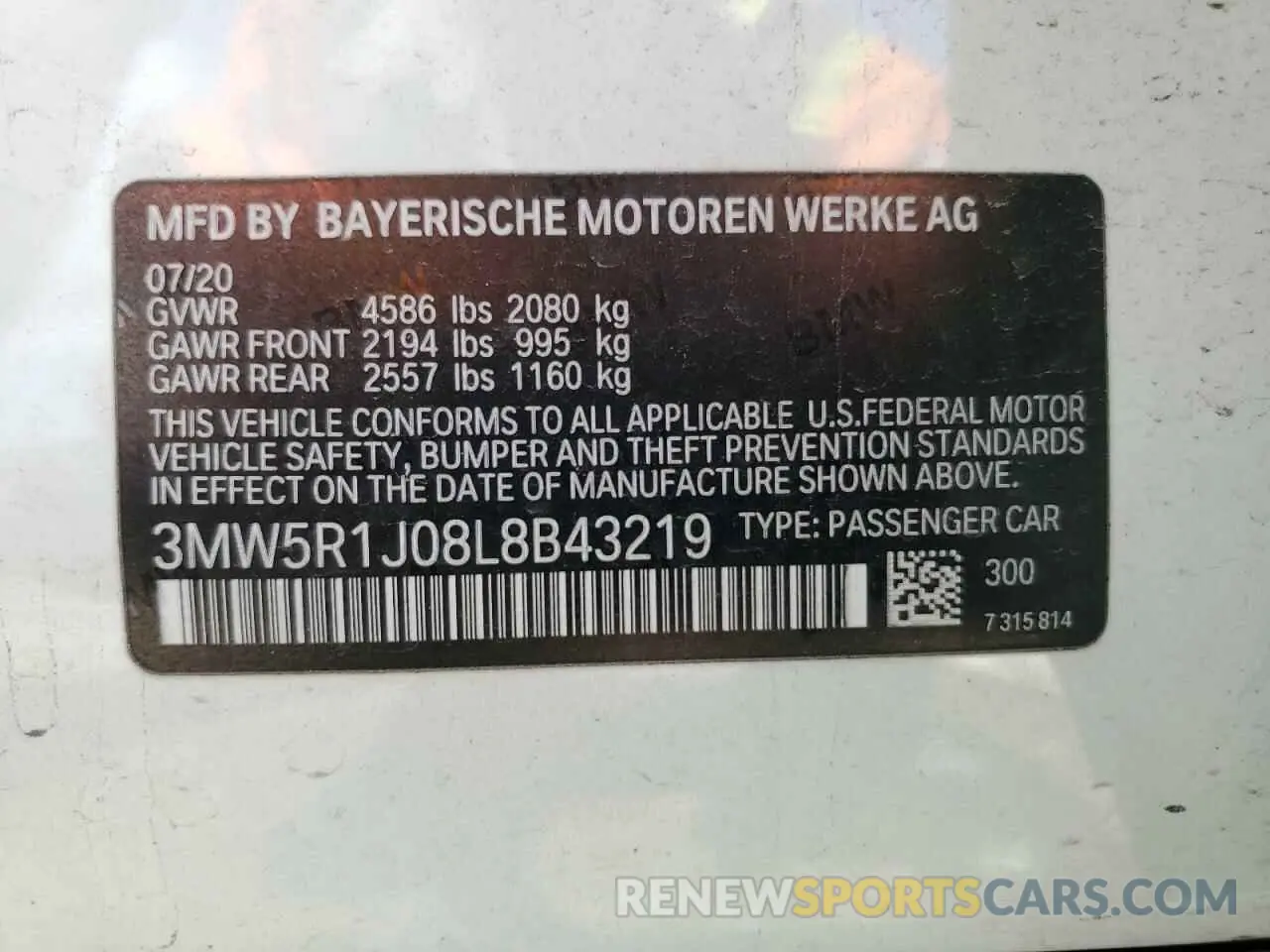 12 Photograph of a damaged car 3MW5R1J08L8B43219 BMW 3 SERIES 2020