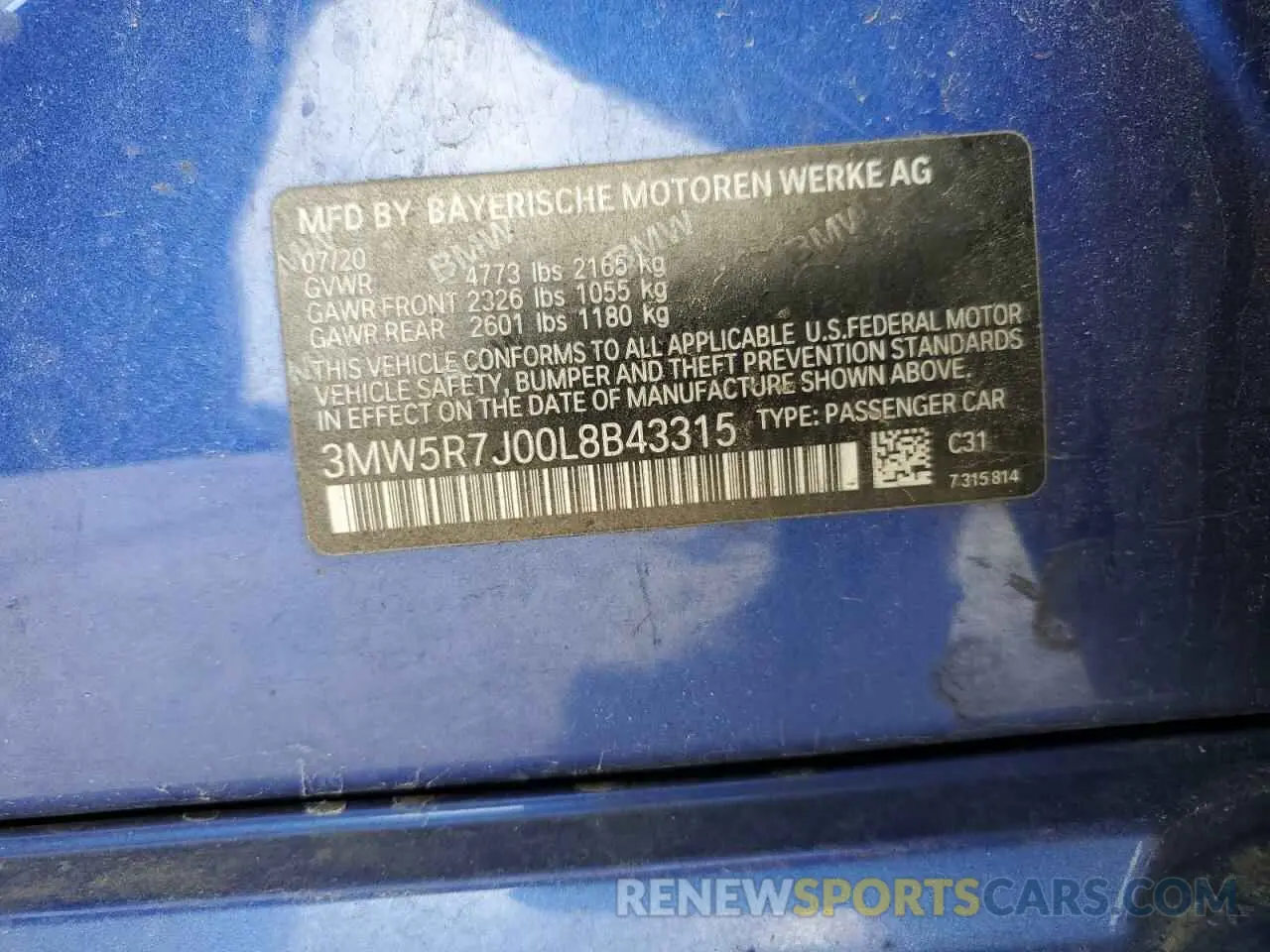 12 Фотография поврежденного автомобиля 3MW5R7J00L8B43315 BMW 3 SERIES 2020