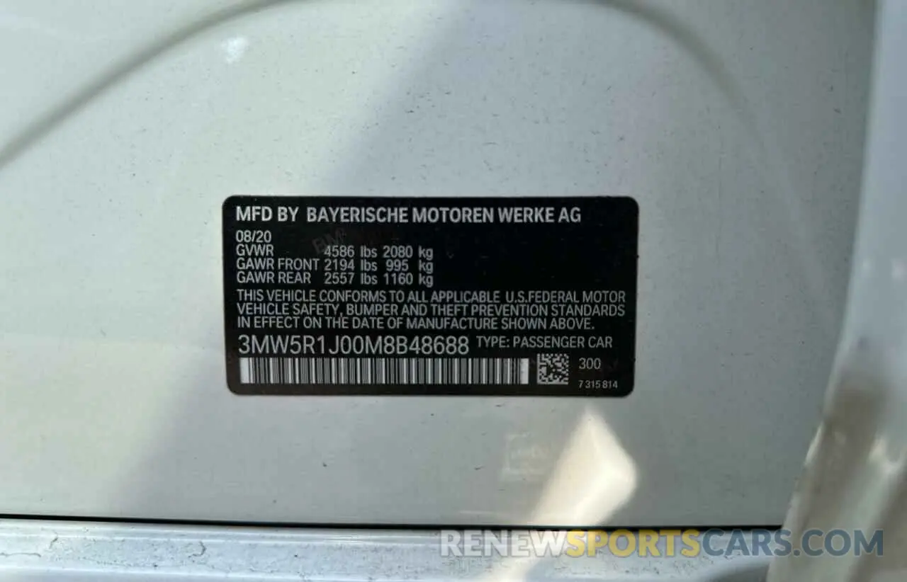 10 Photograph of a damaged car 3MW5R1J00M8B48688 BMW 3 SERIES 2021