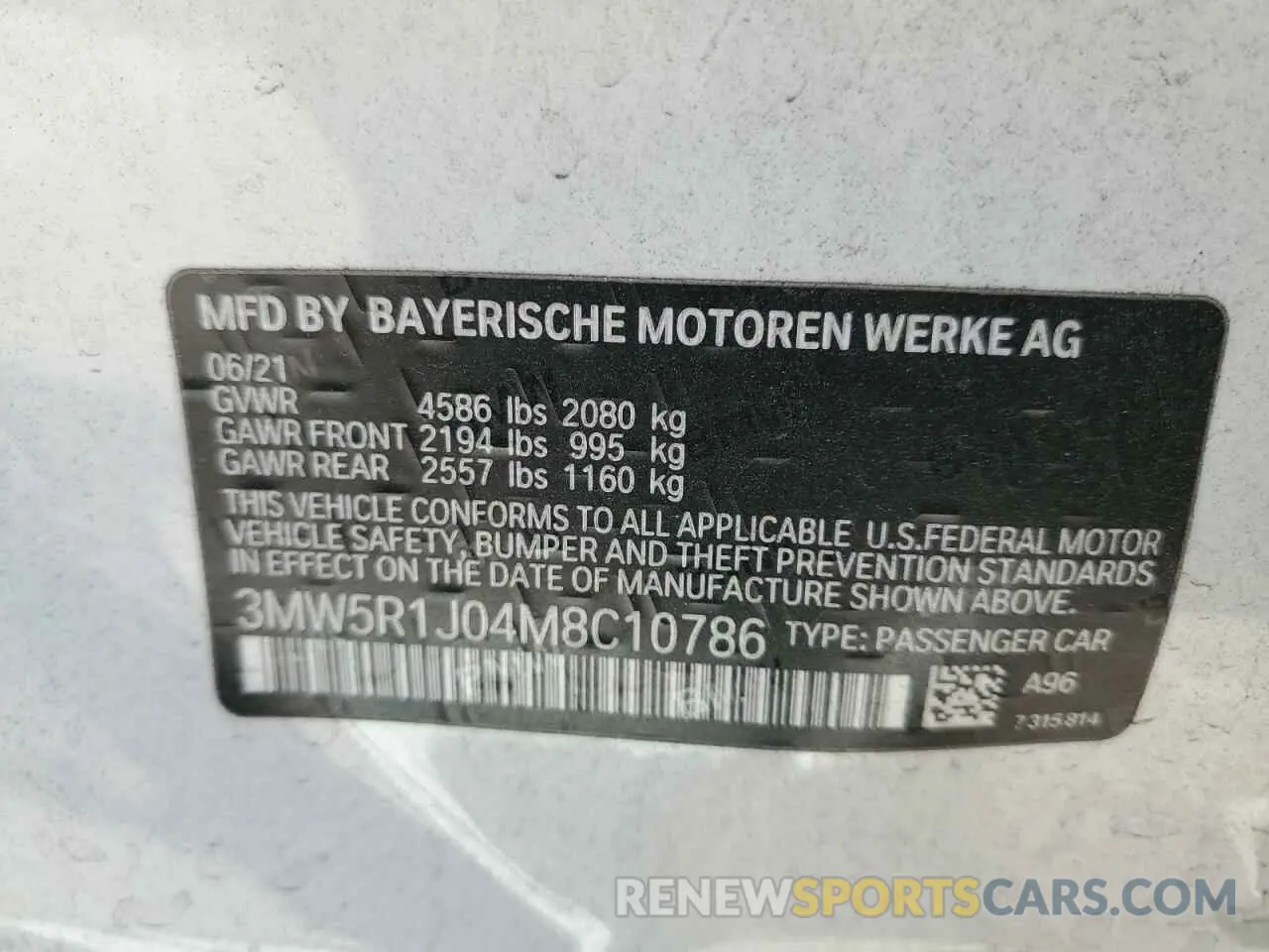 14 Photograph of a damaged car 3MW5R1J04M8C10786 BMW 3 SERIES 2021