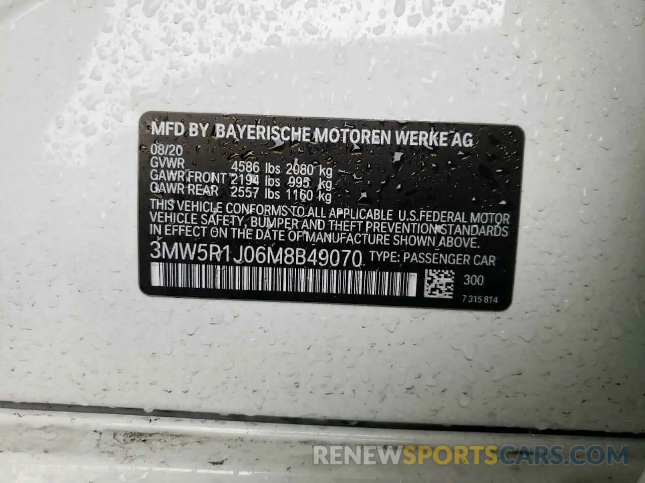 10 Photograph of a damaged car 3MW5R1J06M8B49070 BMW 3 SERIES 2021
