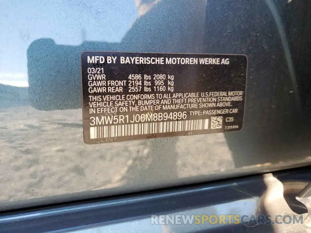 12 Фотография поврежденного автомобиля 3MW5R1J06M8B94896 BMW 3 SERIES 2021