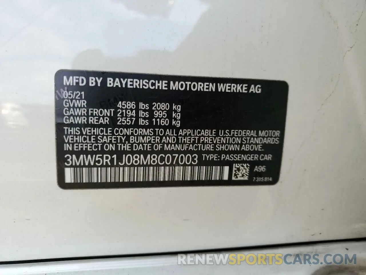 12 Фотография поврежденного автомобиля 3MW5R1J08M8C07003 BMW 3 SERIES 2021