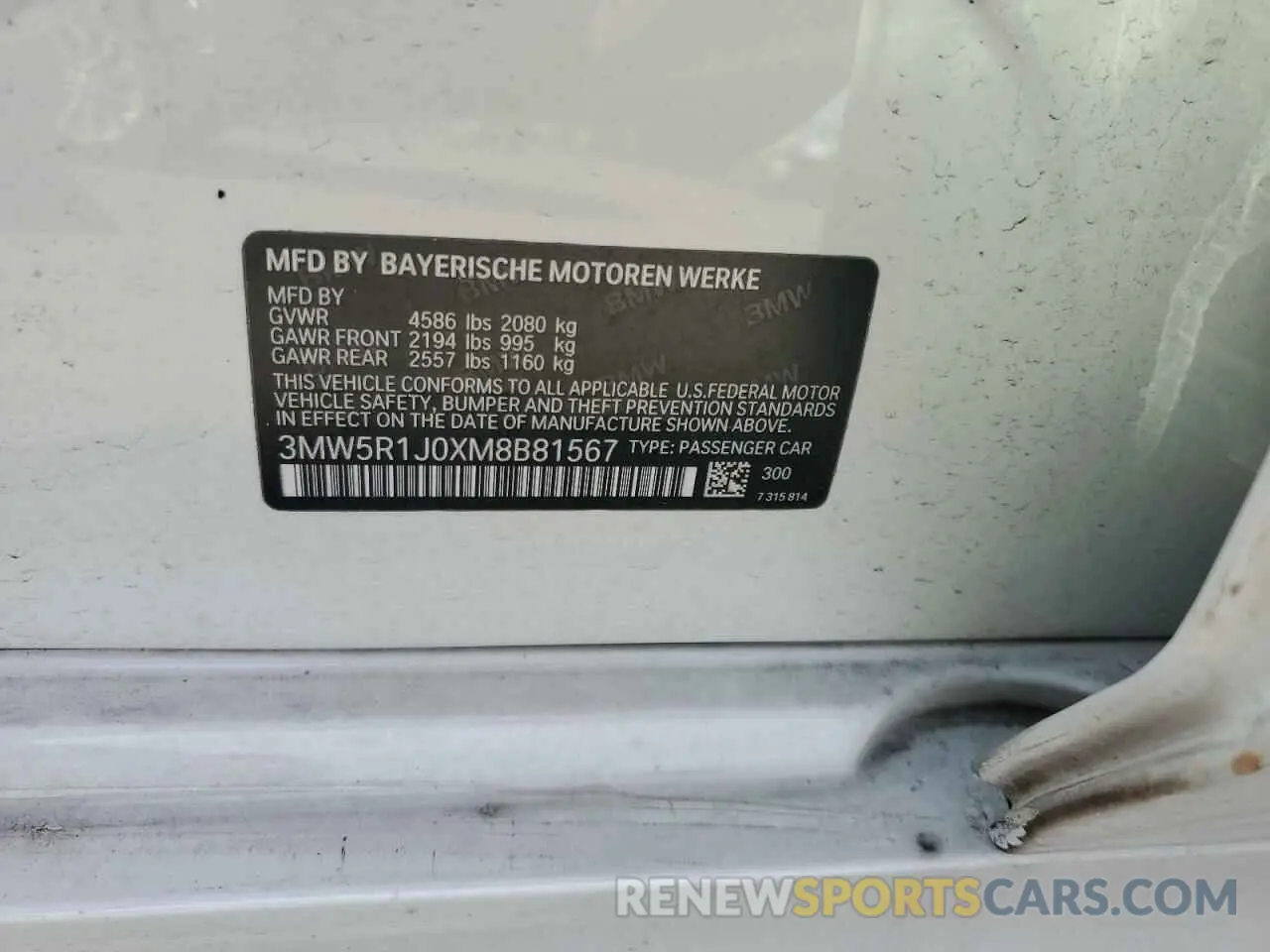 12 Фотография поврежденного автомобиля 3MW5R1J0XM8B81567 BMW 3 SERIES 2021