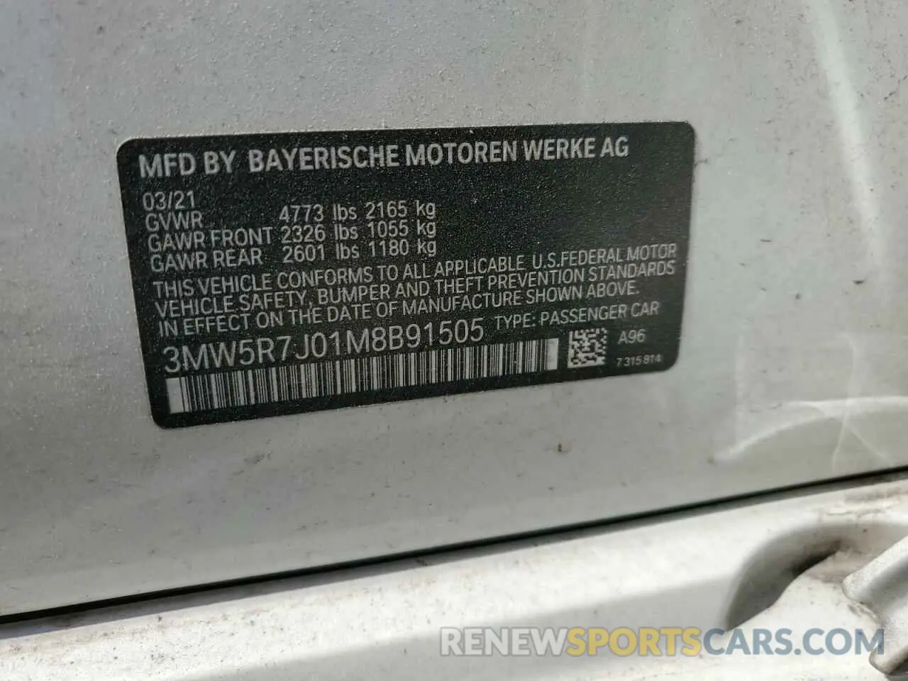 13 Photograph of a damaged car 3MW5R7J01M8B91505 BMW 3 SERIES 2021