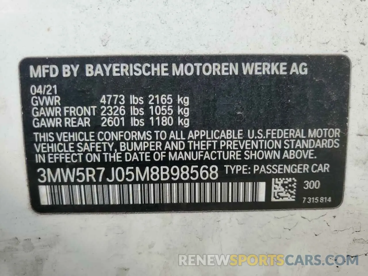 13 Photograph of a damaged car 3MW5R7J05M8B98568 BMW 3 SERIES 2021
