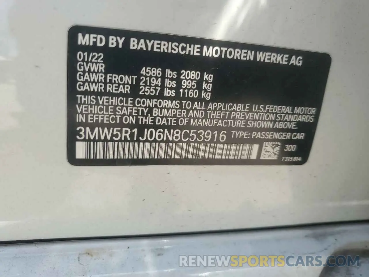 12 Фотография поврежденного автомобиля 3MW5R1J06N8C53916 BMW 3 SERIES 2022
