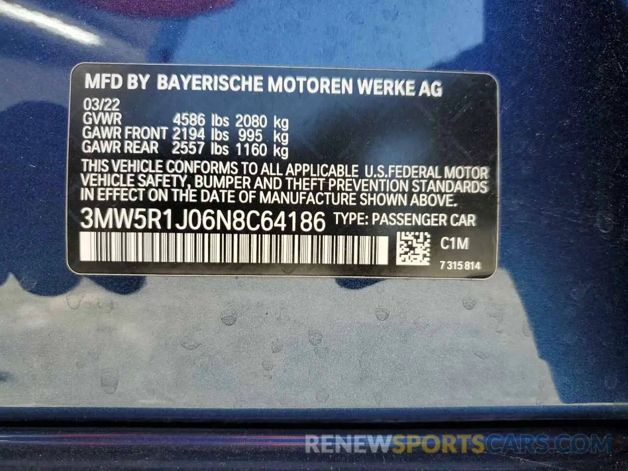 12 Фотография поврежденного автомобиля 3MW5R1J06N8C64186 BMW 3 SERIES 2022