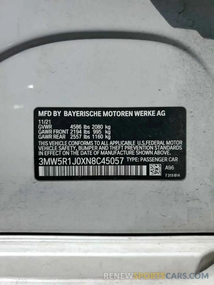 13 Фотография поврежденного автомобиля 3MW5R1J0XN8C45057 BMW 3 SERIES 2022