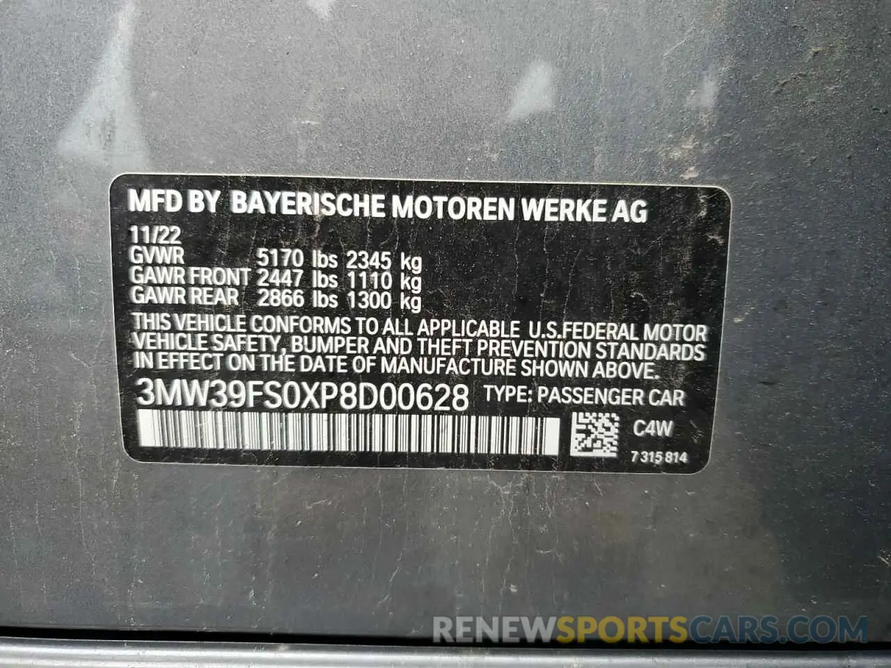 12 Фотография поврежденного автомобиля 3MW39FS0XP8D00628 BMW 3 SERIES 2023