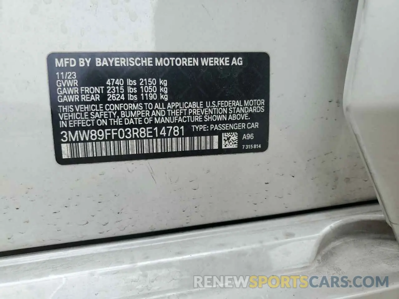 14 Photograph of a damaged car 3MW89FF03R8E14781 BMW 3 SERIES 2024