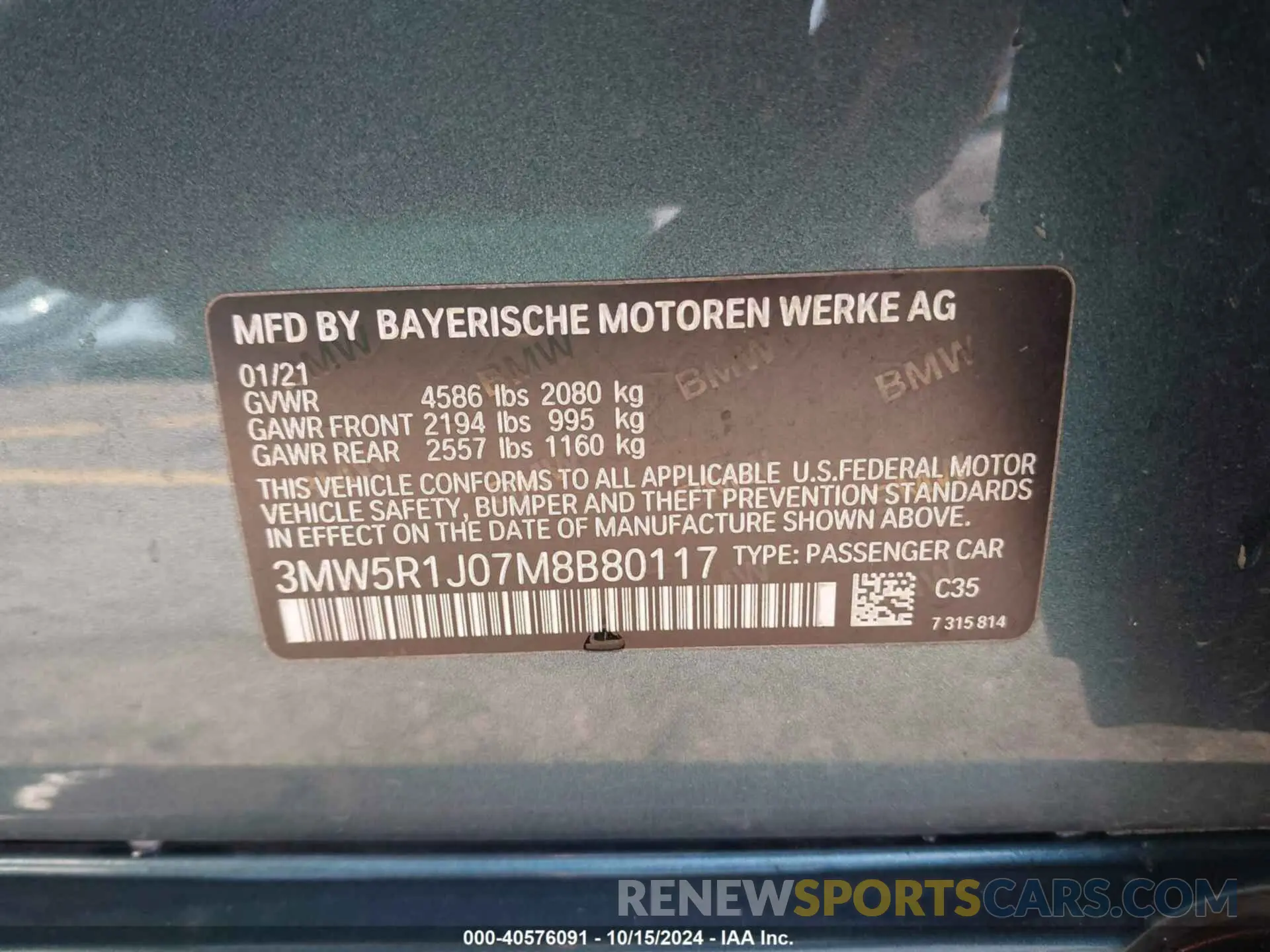 9 Photograph of a damaged car 3MW5R1J07M8B80117 BMW 330I 2021