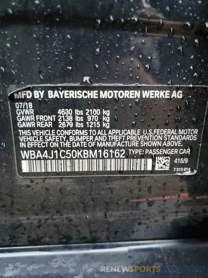 12 Фотография поврежденного автомобиля WBA4J1C50KBM16162 BMW 4 SERIES 2019