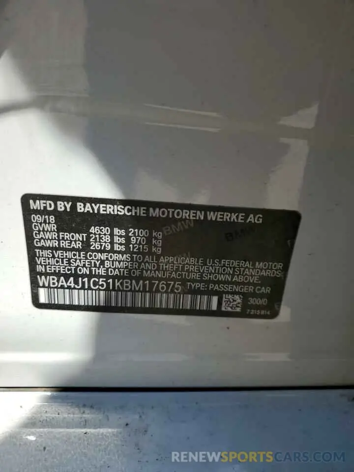 12 Фотография поврежденного автомобиля WBA4J1C51KBM17675 BMW 4 SERIES 2019