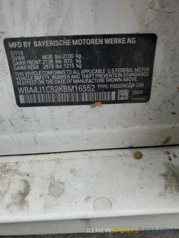 12 Фотография поврежденного автомобиля WBA4J1C52KBM16552 BMW 4 SERIES 2019