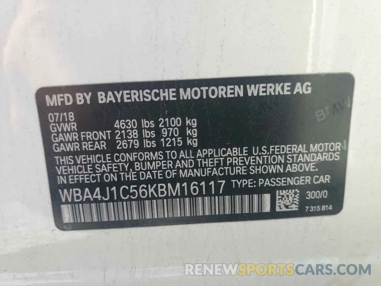 13 Photograph of a damaged car WBA4J1C56KBM16117 BMW 4 SERIES 2019