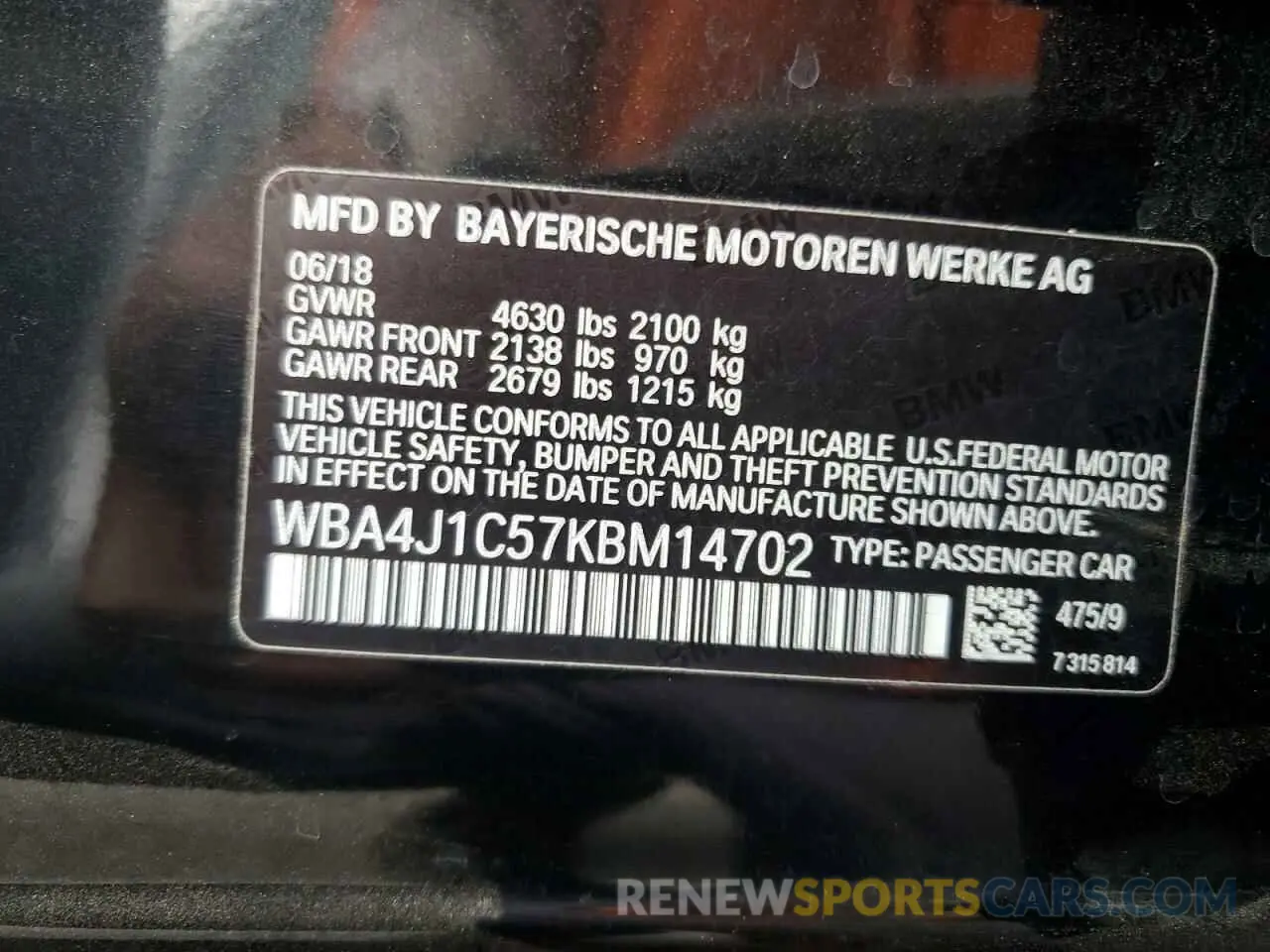 13 Photograph of a damaged car WBA4J1C57KBM14702 BMW 4 SERIES 2019