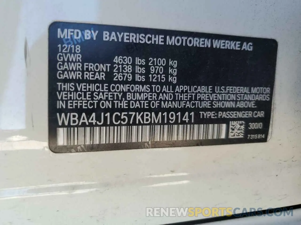 12 Фотография поврежденного автомобиля WBA4J1C57KBM19141 BMW 4 SERIES 2019