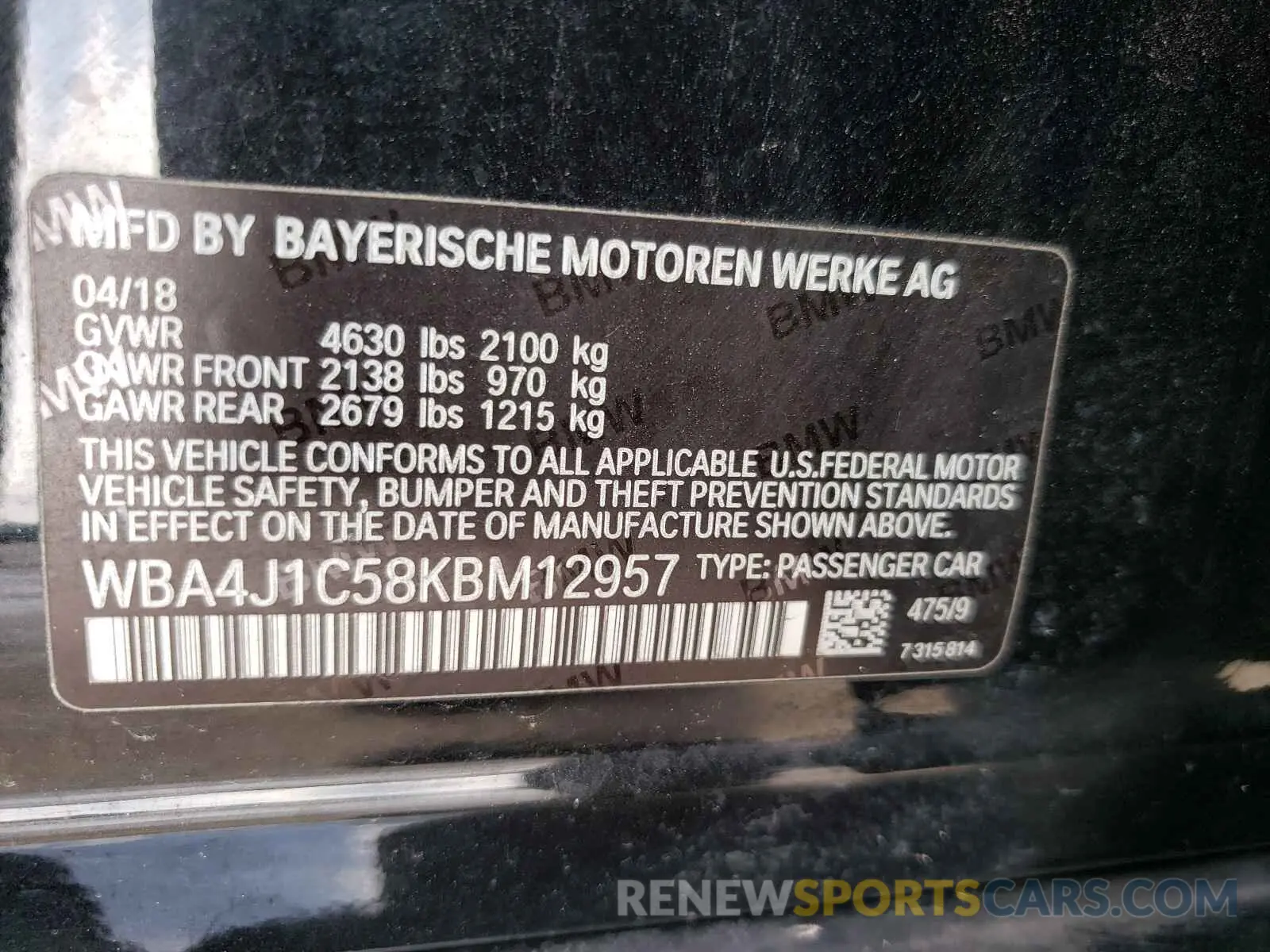 10 Photograph of a damaged car WBA4J1C58KBM12957 BMW 4 SERIES 2019