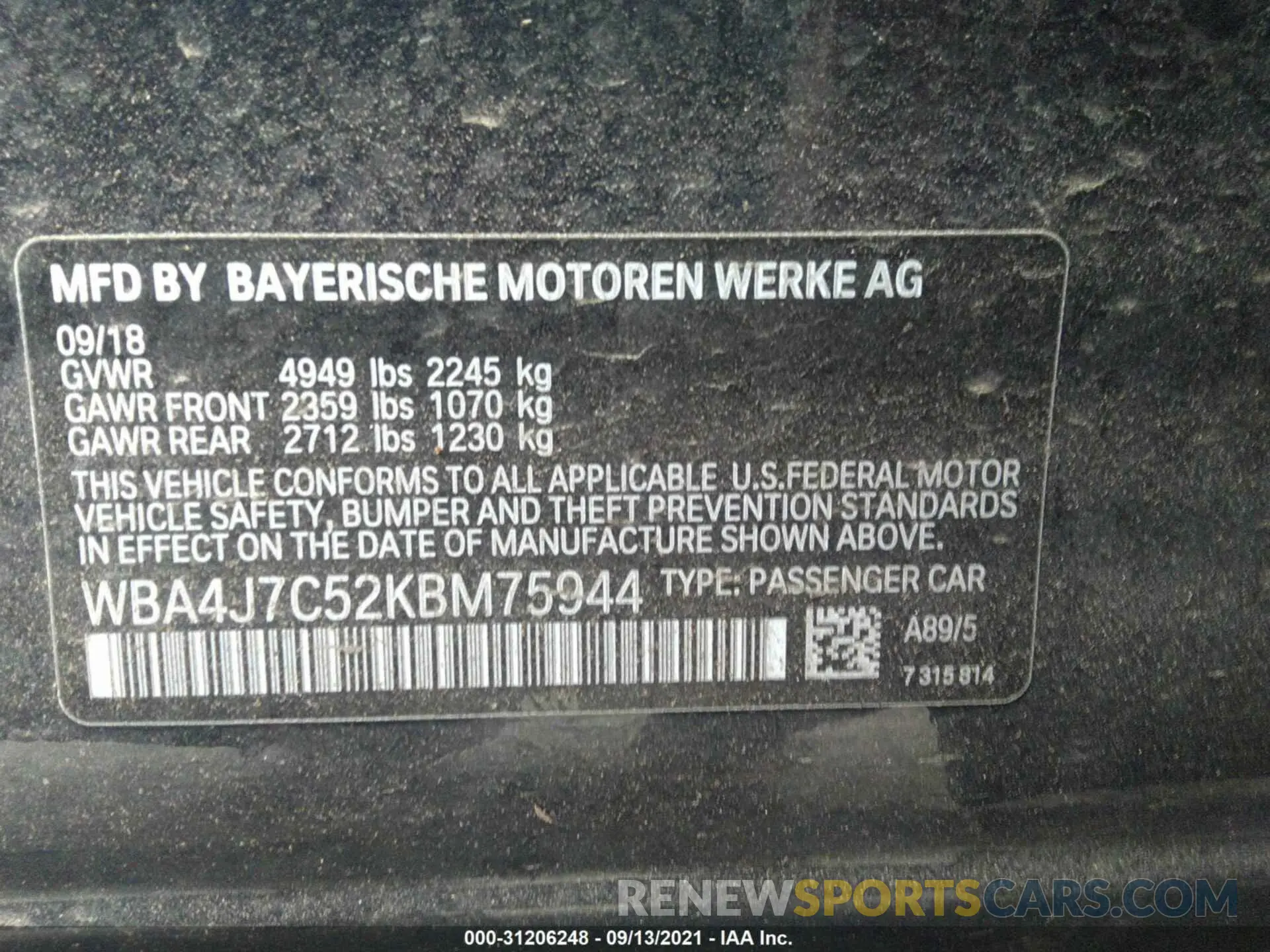 9 Фотография поврежденного автомобиля WBA4J7C52KBM75944 BMW 4 SERIES 2019