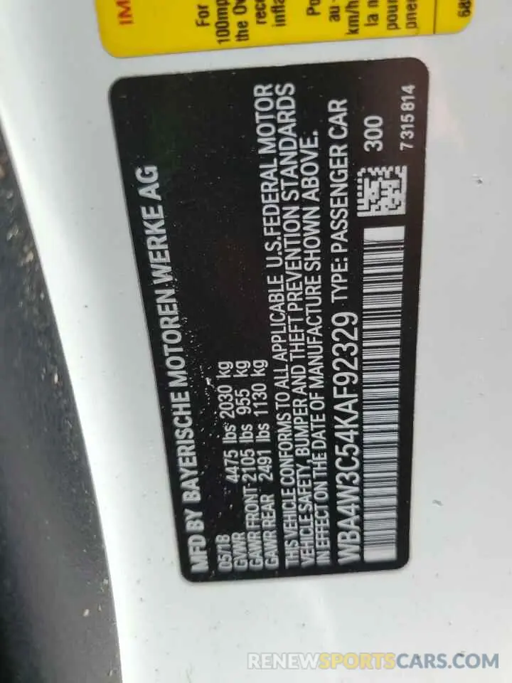 12 Фотография поврежденного автомобиля WBA4W3C54KAF92329 BMW 4 SERIES 2019