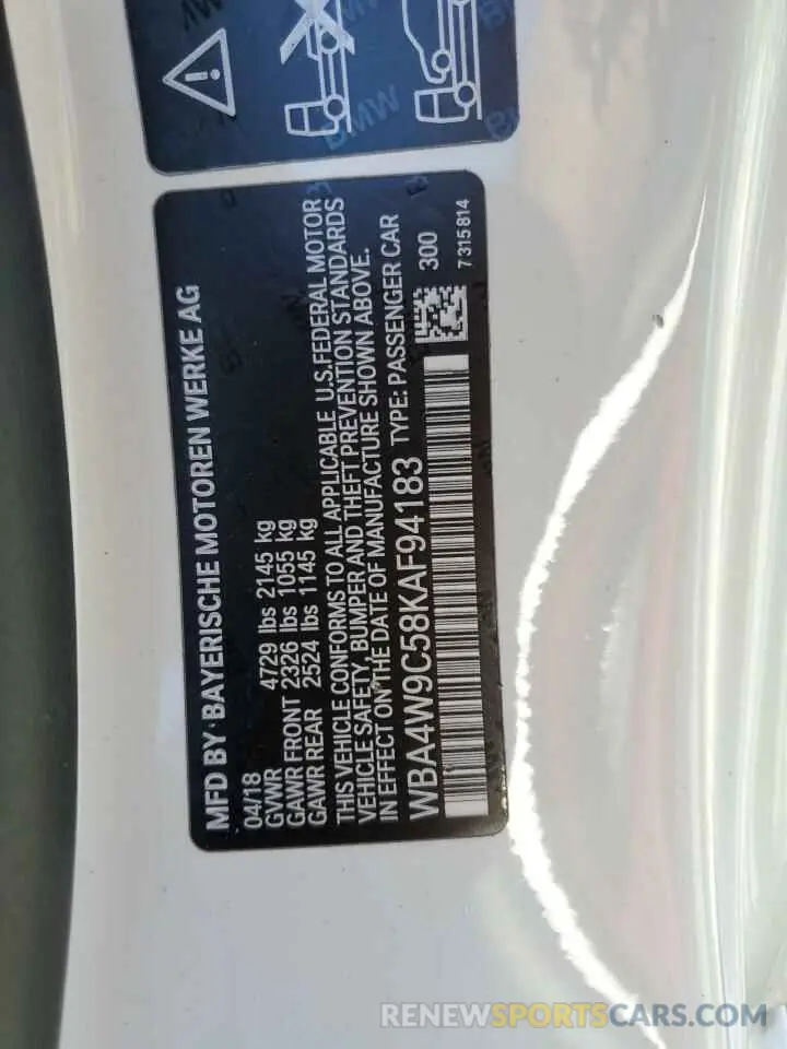 12 Photograph of a damaged car WBA4W9C58KAF94183 BMW 4 SERIES 2019