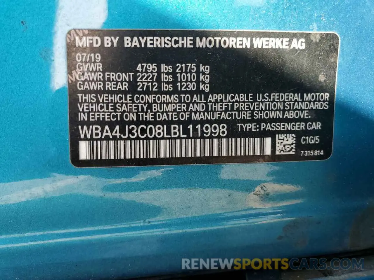 12 Photograph of a damaged car WBA4J3C08LBL11998 BMW 4 SERIES 2020