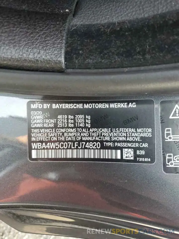 12 Фотография поврежденного автомобиля WBA4W5C07LFJ74820 BMW 4 SERIES 2020