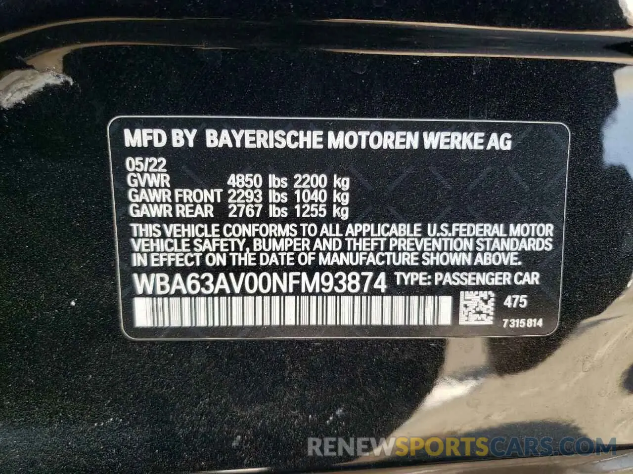 13 Photograph of a damaged car WBA63AV00NFM93874 BMW 4 SERIES 2022