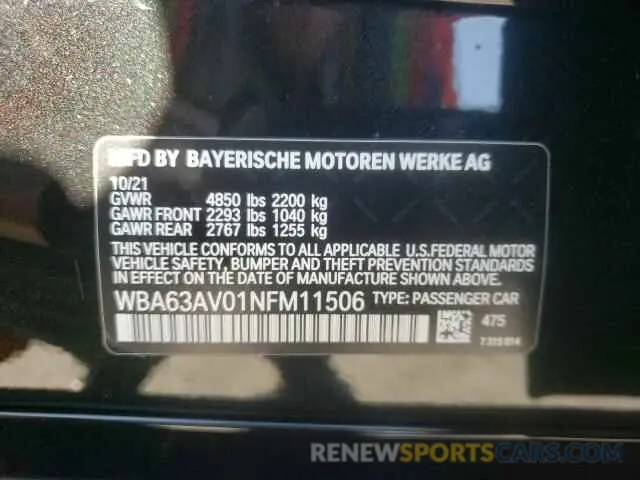 10 Фотография поврежденного автомобиля WBA63AV01NFM11506 BMW 4 SERIES 2022