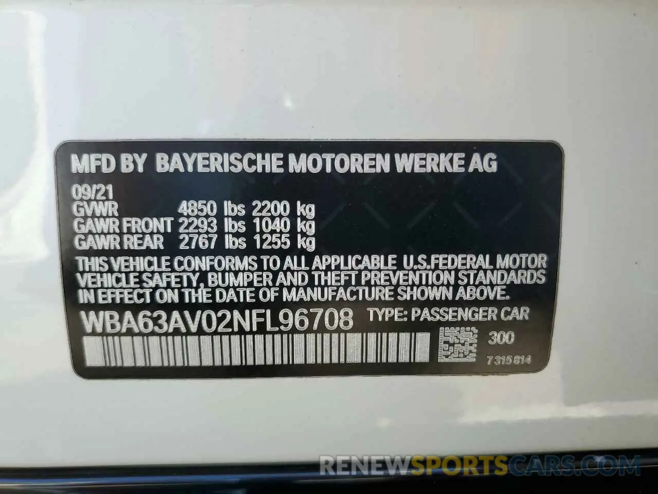 12 Photograph of a damaged car WBA63AV02NFL96708 BMW 4 SERIES 2022