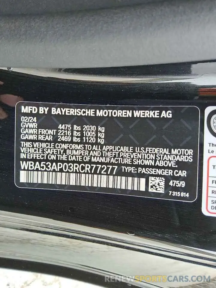 12 Photograph of a damaged car WBA53AP03RCR77277 BMW 4 SERIES 2024