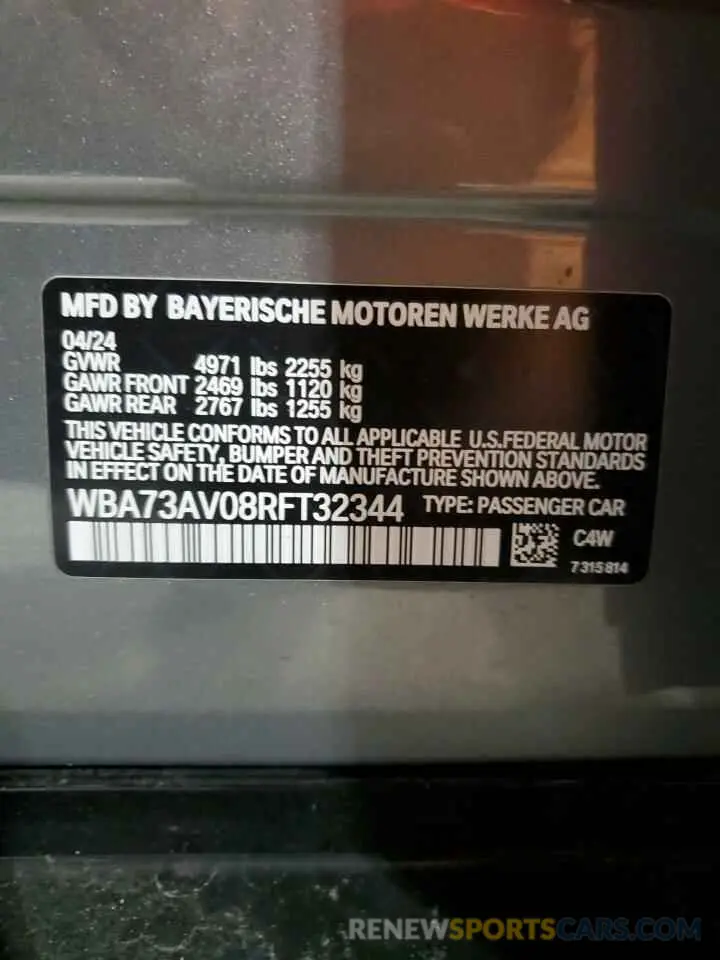 12 Photograph of a damaged car WBA73AV08RFT32344 BMW 4 SERIES 2024