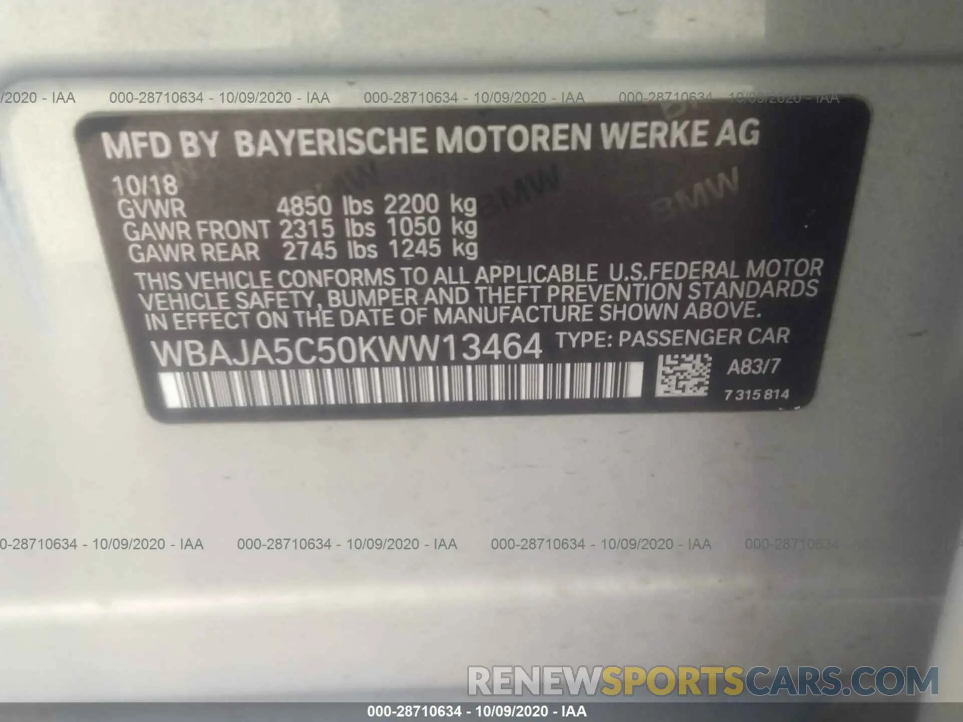 9 Photograph of a damaged car WBAJA5C50KWW13464 BMW 5 SERIES 2019