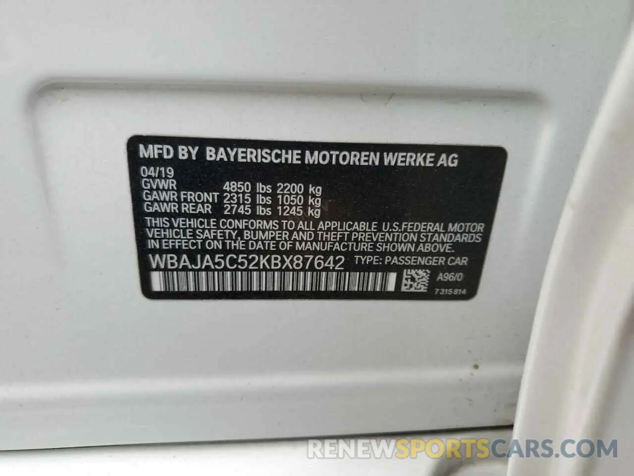 14 Фотография поврежденного автомобиля WBAJA5C52KBX87642 BMW 5 SERIES 2019