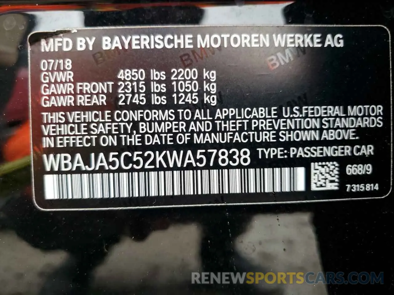 13 Photograph of a damaged car WBAJA5C52KWA57838 BMW 5 SERIES 2019