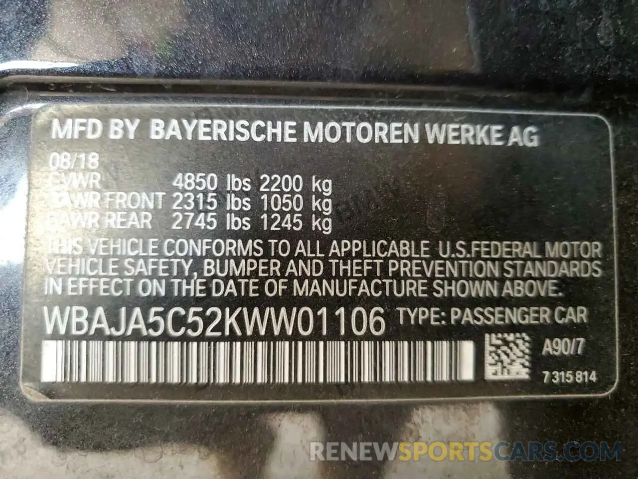 12 Photograph of a damaged car WBAJA5C52KWW01106 BMW 5 SERIES 2019
