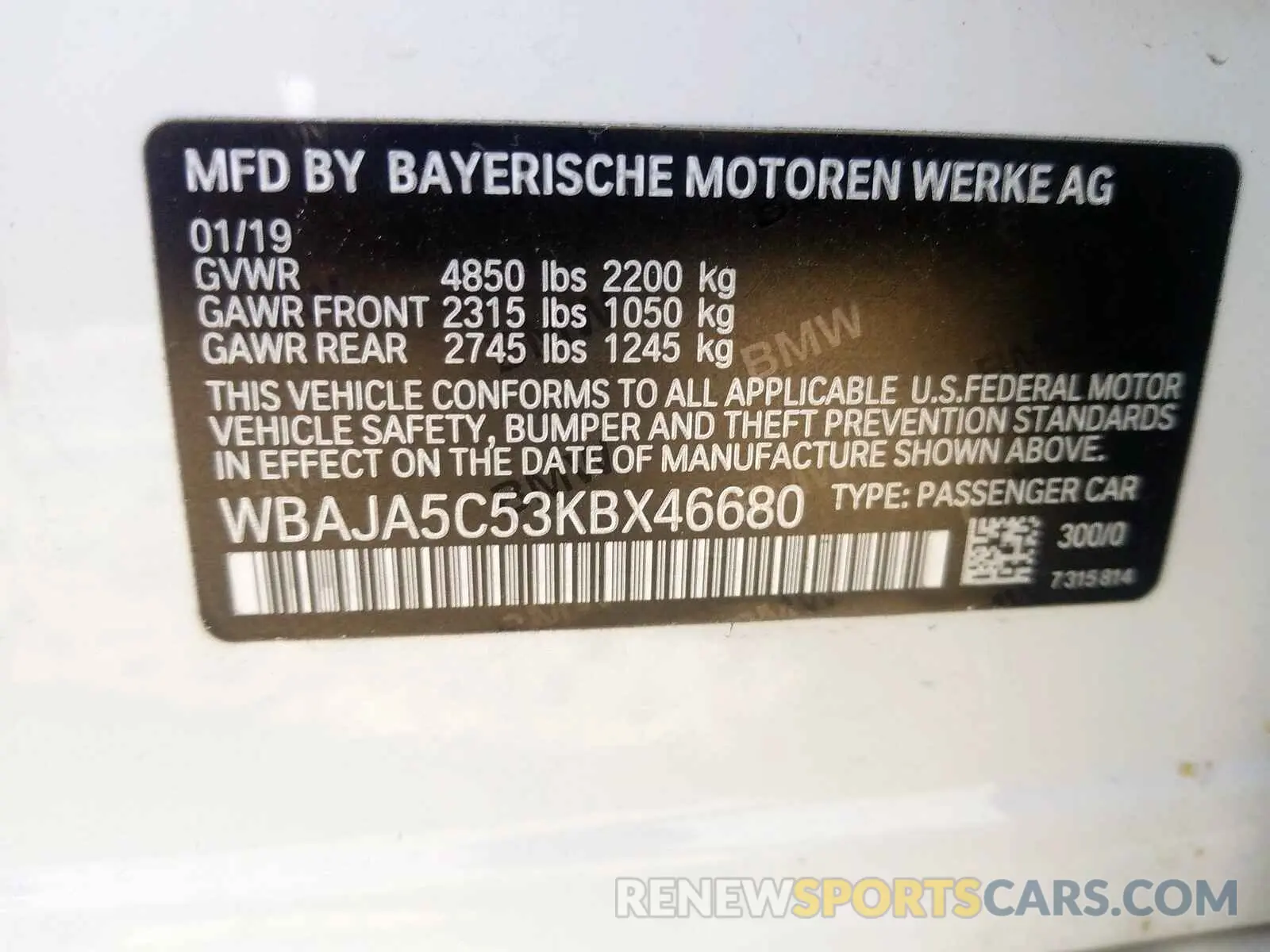 10 Photograph of a damaged car WBAJA5C53KBX46680 BMW 5 SERIES 2019